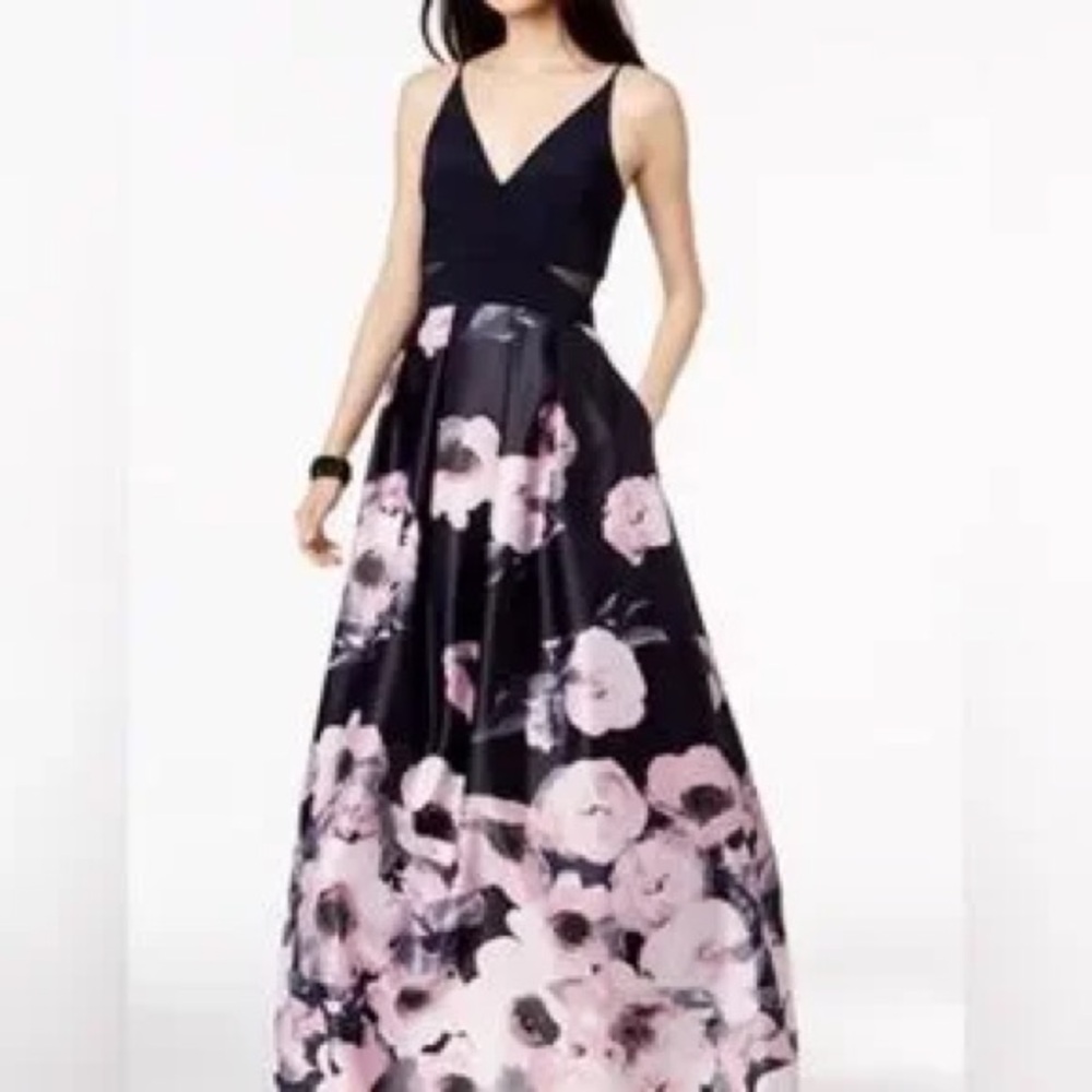 Xscape Black and Pink Floral Maxi Dress